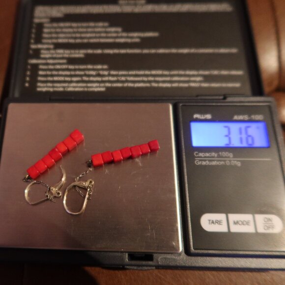 Red coral square beads & sterling silver Sherzada earrings dangle drop 3" long - Picture 9 of 10